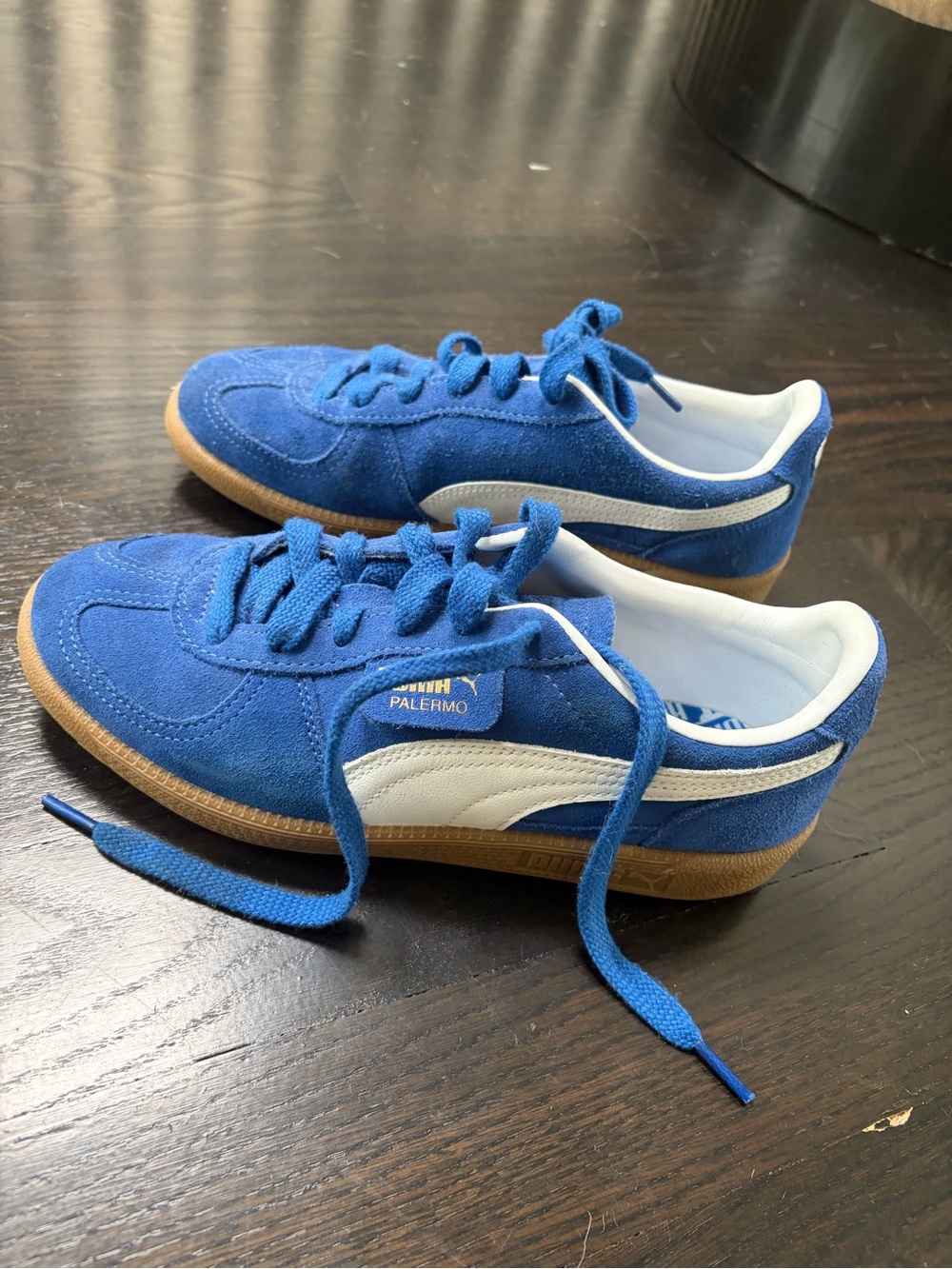 Puma Kids Palermo Blue Suede Sneakers with White Stripe